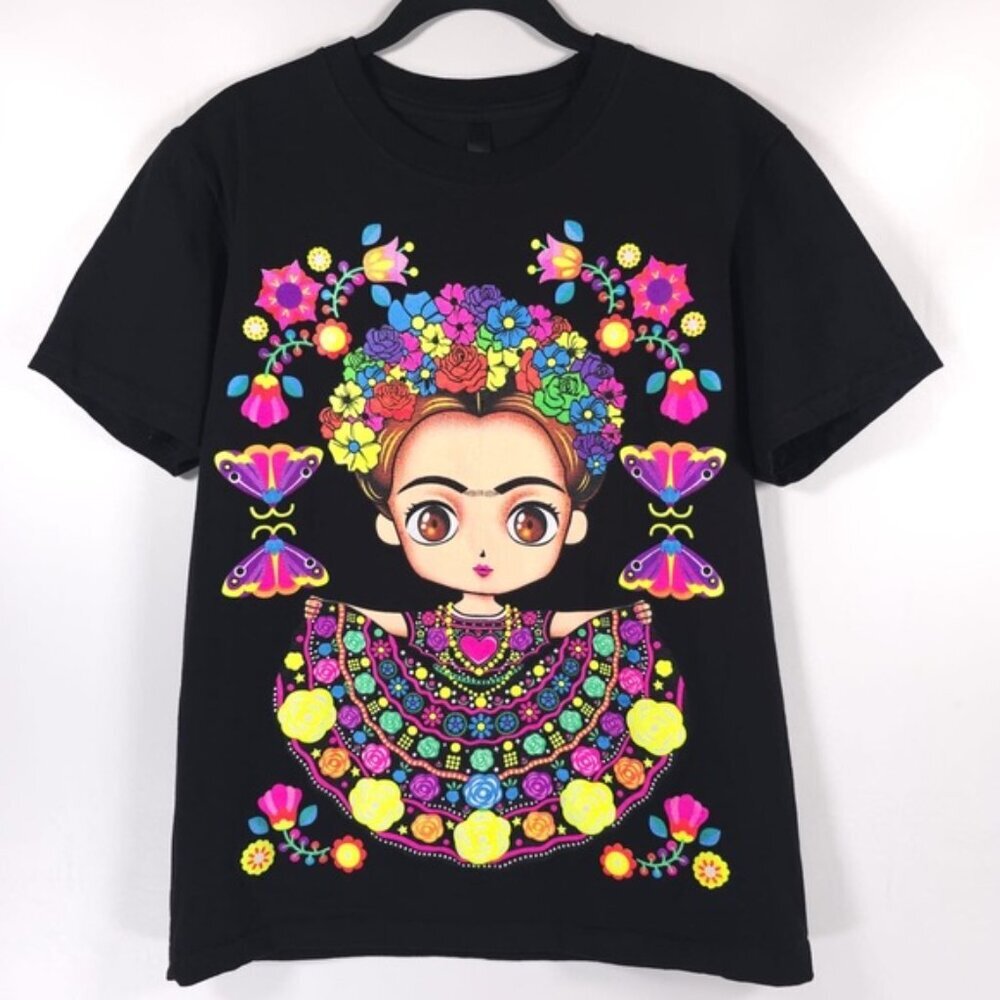 FRIDA KHALO Art Print Floral Multi T-Shirtโ MEXICO MADE 100% Cotton Size MEDIUM